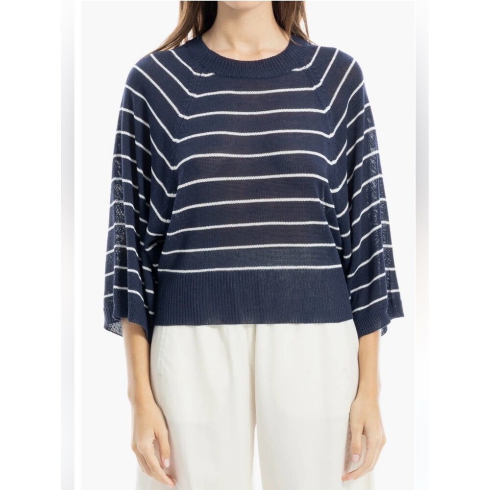 NWT MAX Navy Ivory Stripe Lightweight Crewneck Raglan Sleeve Sweater Medium